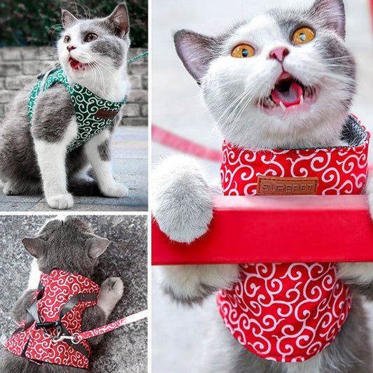 脱げにくい!猫用ベスト型ハーネス&リードセット (和柄デザイン)