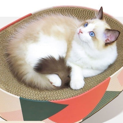 猫用 木目調オーバル爪とぎベッド｜2WAY（爪とぎ＋くつろぎベッド）